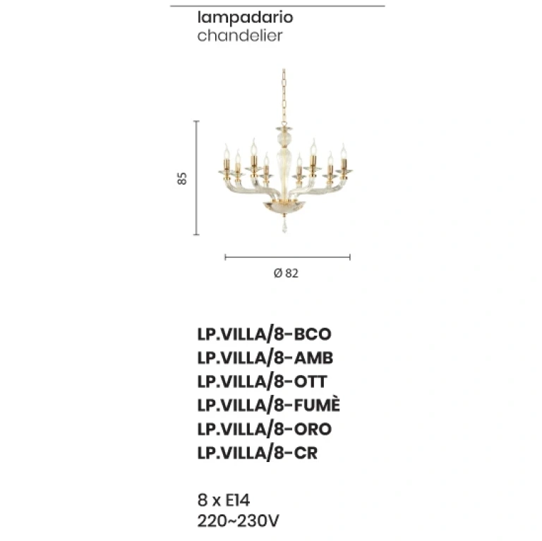 Полилей villa, chrome, ondaluce, 8xE14, LP.VILLA/8-FUMÈ