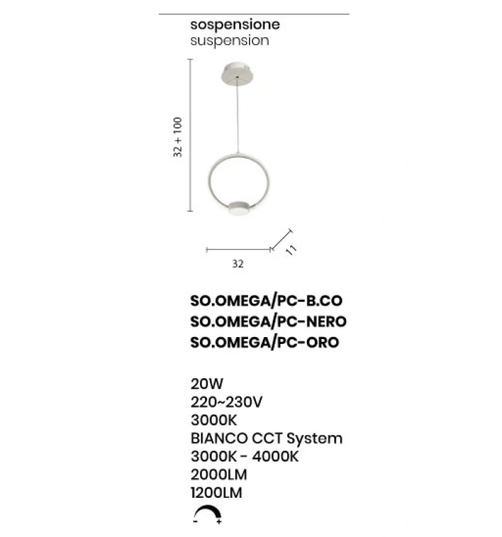 Пендел omega, oro, ondaluce, led 20w, 3000k, 2000lm, SO.OMEGA/PC-ORO