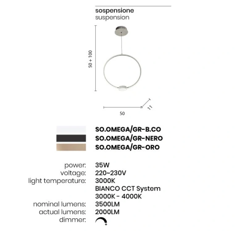 Пендел omega, bianco, ondaluce, led 35w, 3000-4000k, 3500lm, SO.OMEGA/GR-B.CO