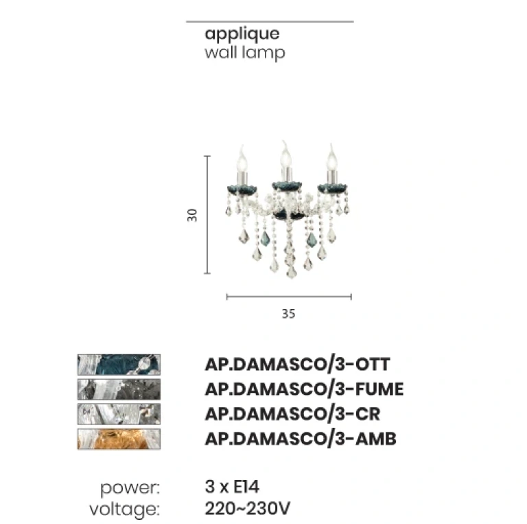 Аплик damasco, chrome, ondaluce, 3xE14,  AP.DAMASCO/3-OTT