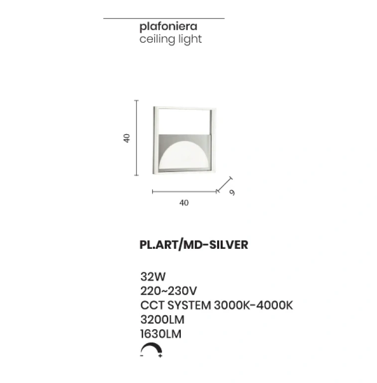 Плафон art, silver, ondaluce, led 32w, 3000k-4000k, 3200lm, PL.ART/MD-SILVER