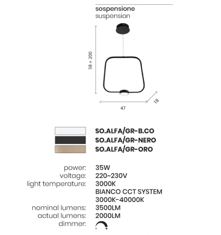 Пендел alfa, bianco, ondaluce, led 35w, 3000-4000k, 3500lm, SO.ALFA/GR-B.CO