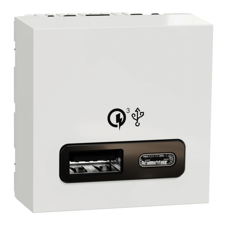 двойна usb розетка за зареждане, двумодулна, тип a + тип c, бял, 18w, unica new, schneider, nu301918