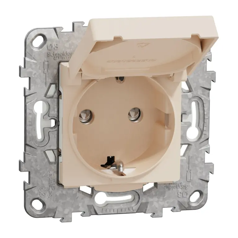контакт с детска защита и капаче, слонова кост, ip44, 16A - 250V, unica new, schneider, NU508244