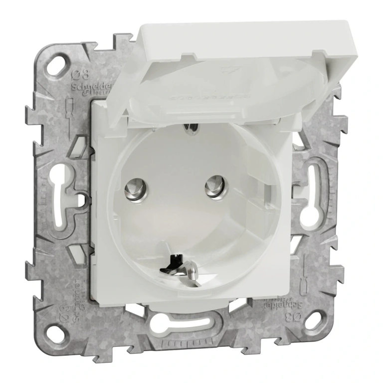 Контакт с детска защита и капаче, бял, ip44, 16A - 250V, unica new, schneider, NU508218