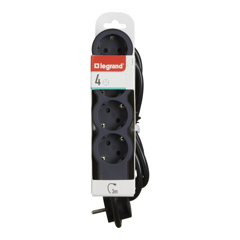 Разклонител 4X2P+E, с кабел 3 метра, черен, Standard NEW, legrand, 694562