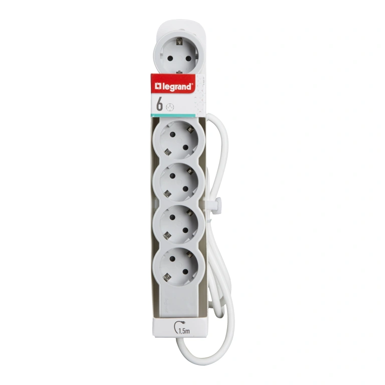 Разклонител 6X2P+E, с кабел 1.5 метра, бял, Standard NEW, legrand, 694557