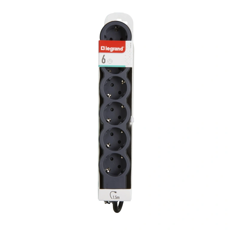 Разклонител 6X2P+E, с кабел 1.5 метра, черен, Standard NEW, legrand, 694558