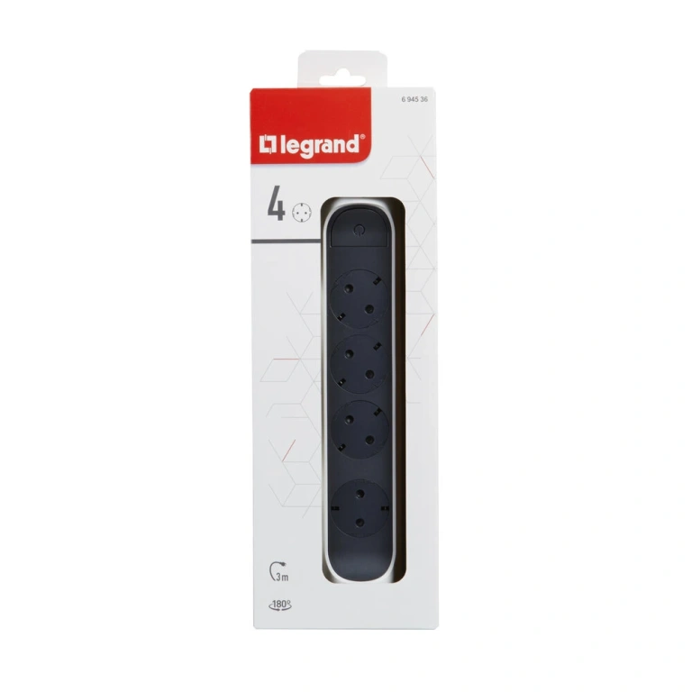 Разклонител с копче, 4X2P+E,  кабел 3 метра, бял, Premium NEW, legrand, 694536