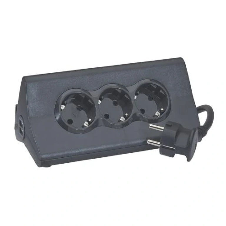 разклонител с копче 3x2P+E, с кабел 1.5 метра, черен, с usb a+c 2.4a за 15W и поставка за таблет Corner, legrand, 694811