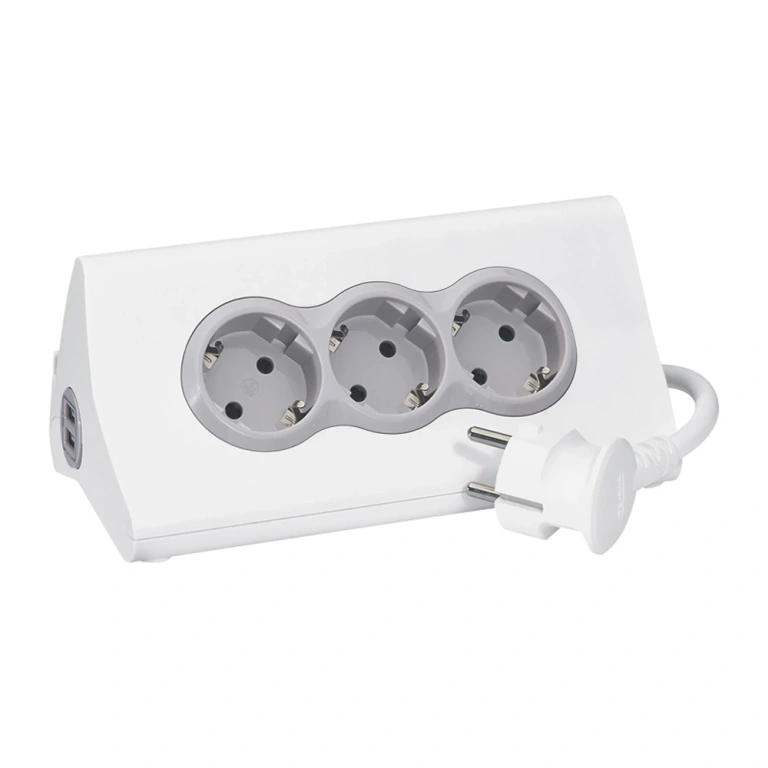 разклонител с копче 3x2P+E, с кабел 1.5 метра, бял, с usb a+c 2.4a за 15W и поставка за таблет Corner, legrand, 694810