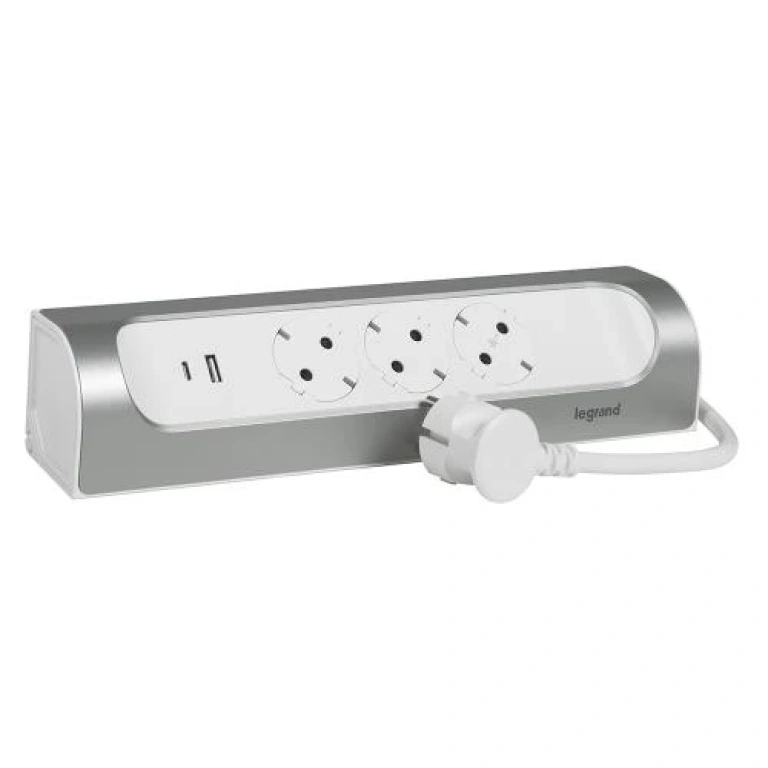 Разклонител ъглов, 3x2P+E, с кабел 1 метър, сив, с usb a+c за 15W, Corner NEW, legrand, 694502