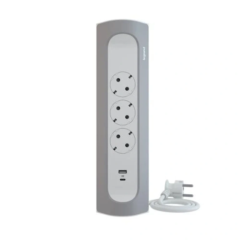 Разклонител ъглов, 3x2P+E, с кабел 1 метър, сив, с usb a+c за 15W, Corner NEW, legrand, 694502