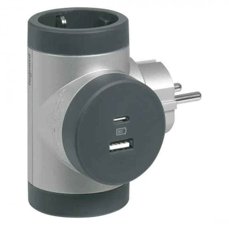Адаптер за контакт 2х шуко и usb a+c, t-образен, въртящ, алуминий, NEW legrand, 694524