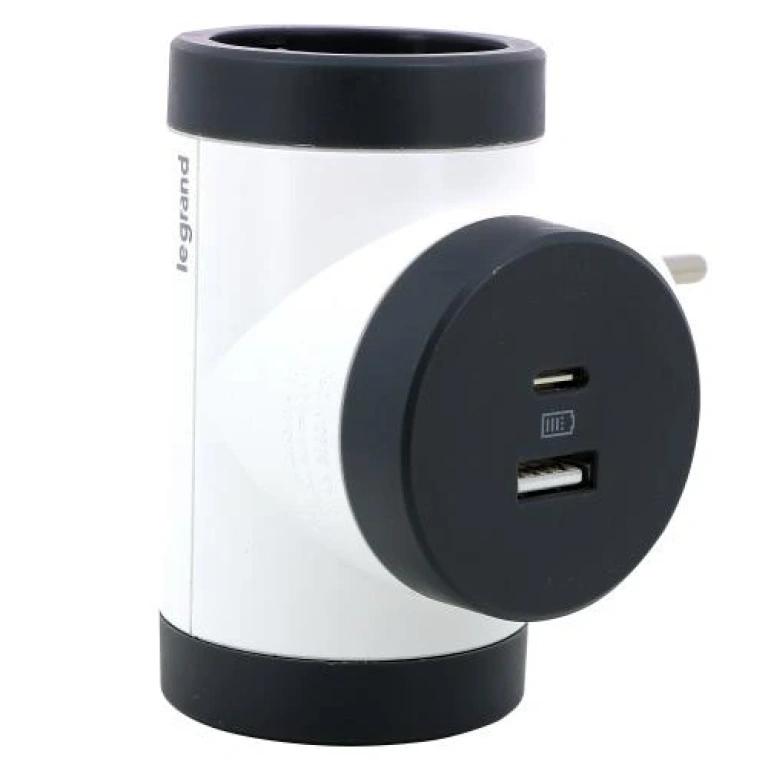 адаптер за контакт 2х шуко и usb a+c, t-образен, въртящ, бял, NEW legrand, 694522
