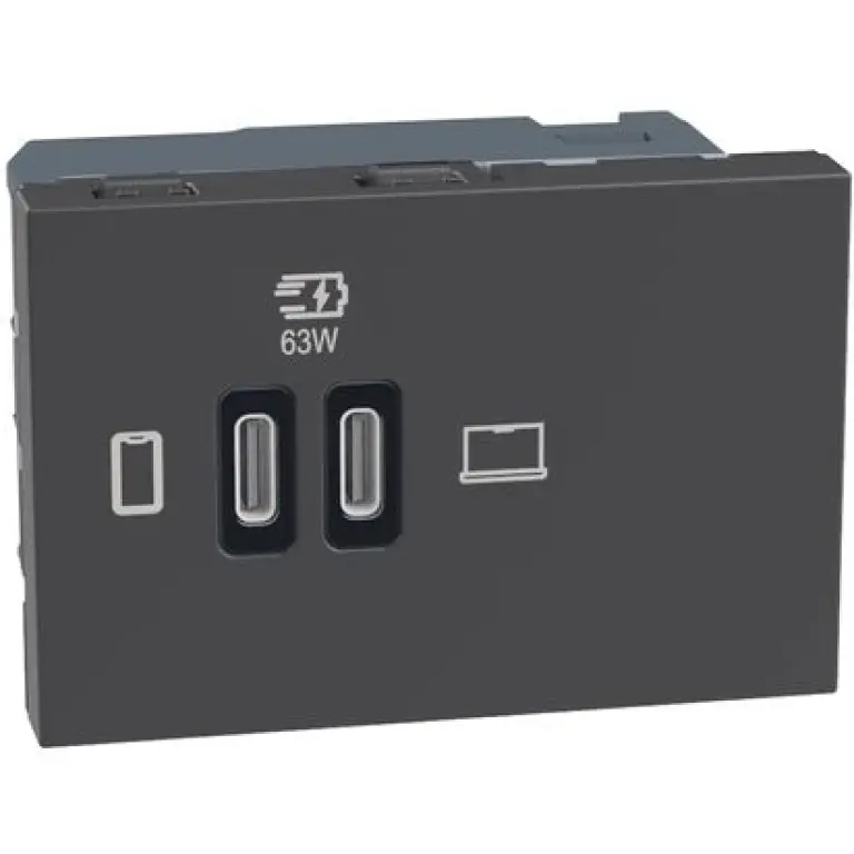 USB двойна розетка тип C, 63W, 3мод. графит, light now, bticino, YD4395CC