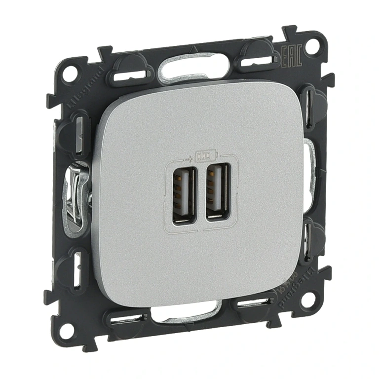 двоен usb контакт 1500мa за зареждане 5v, алуминий, legrand, valena allure, 754997