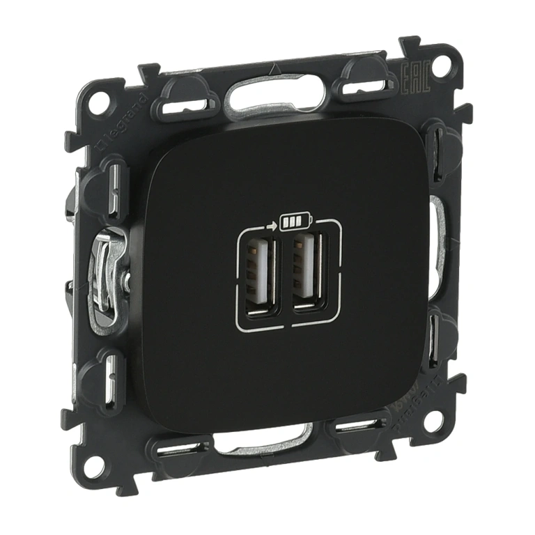 двоен usb контакт 1500мa за зареждане 5v, черен, legrand, valena allure, 754998