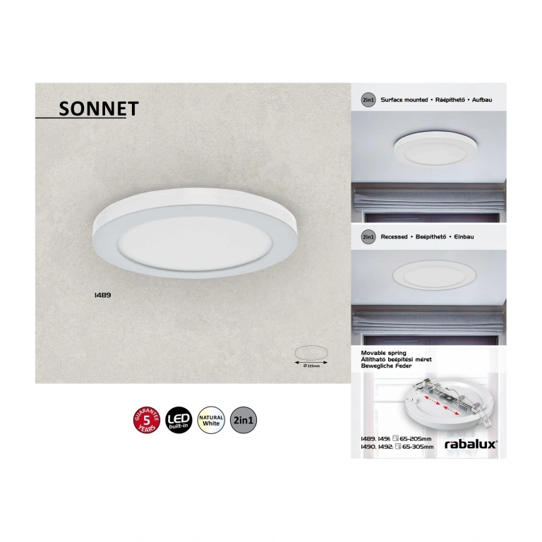 Led панел за вграждане, white, rabalux, sonnet, led 18w, 4000k, 1500lm, 1489