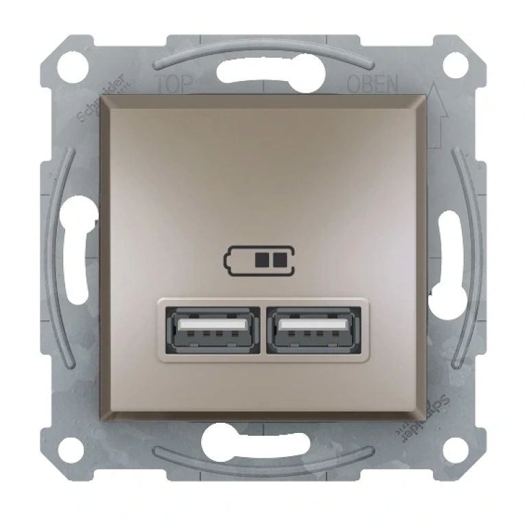 двойно usb зарядно устройство, тип а, 2.1a или 2х1.05a, asfora, бронз, schneider, eph2700269