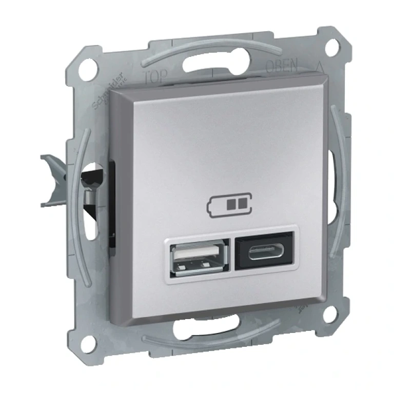 Двойно usb зарядно устройство, тип а+c, 2.4a или 2х1.2a, asfora, алуминий, schneider, eph2700361