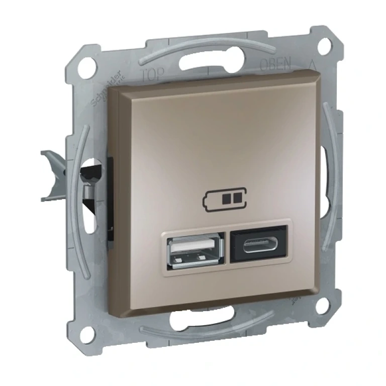 двойно usb зарядно устройство, тип а+c, 2.4a или 2х1.2a, asfora, бронз, schneider, eph2700369